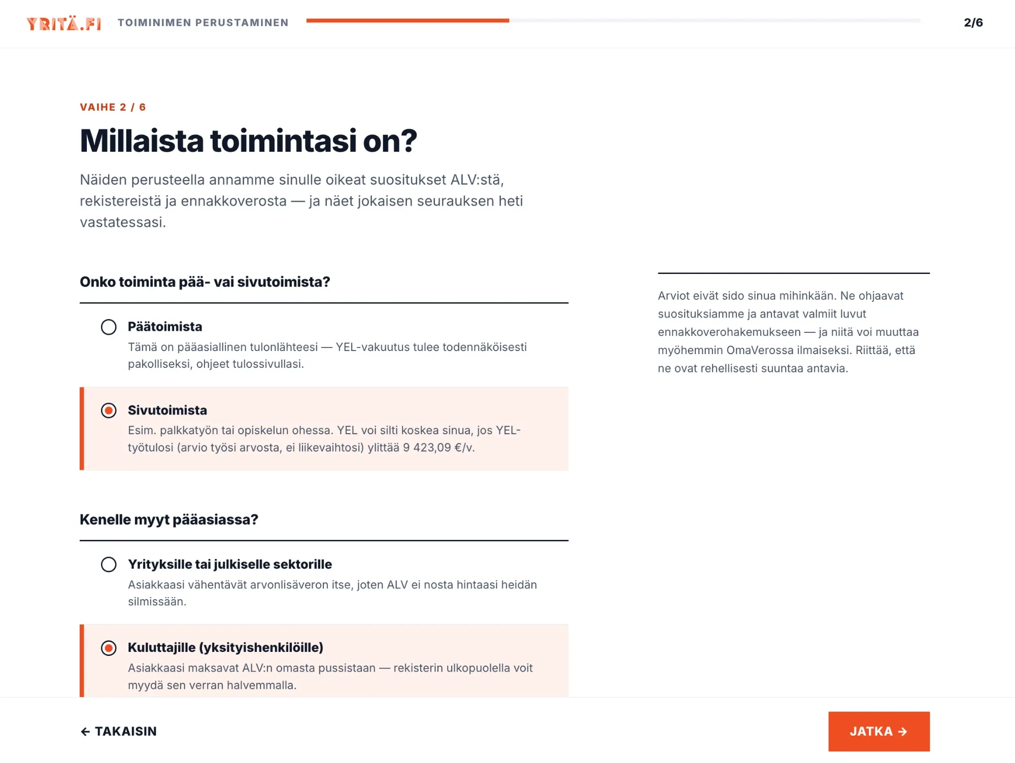 Ohjattu toiminimen perustaminen, vaihe 2: Millaista toimintasi on?
