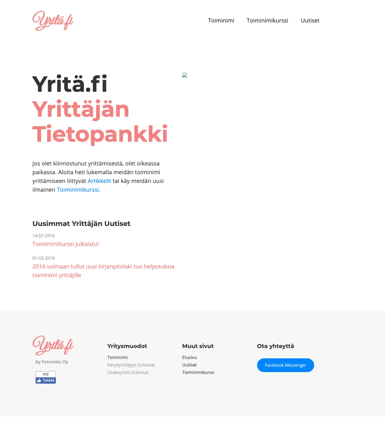 Yritä.fi:n etusivu elokuussa 2016: uutislistassa Toiminimikurssi julkaistu