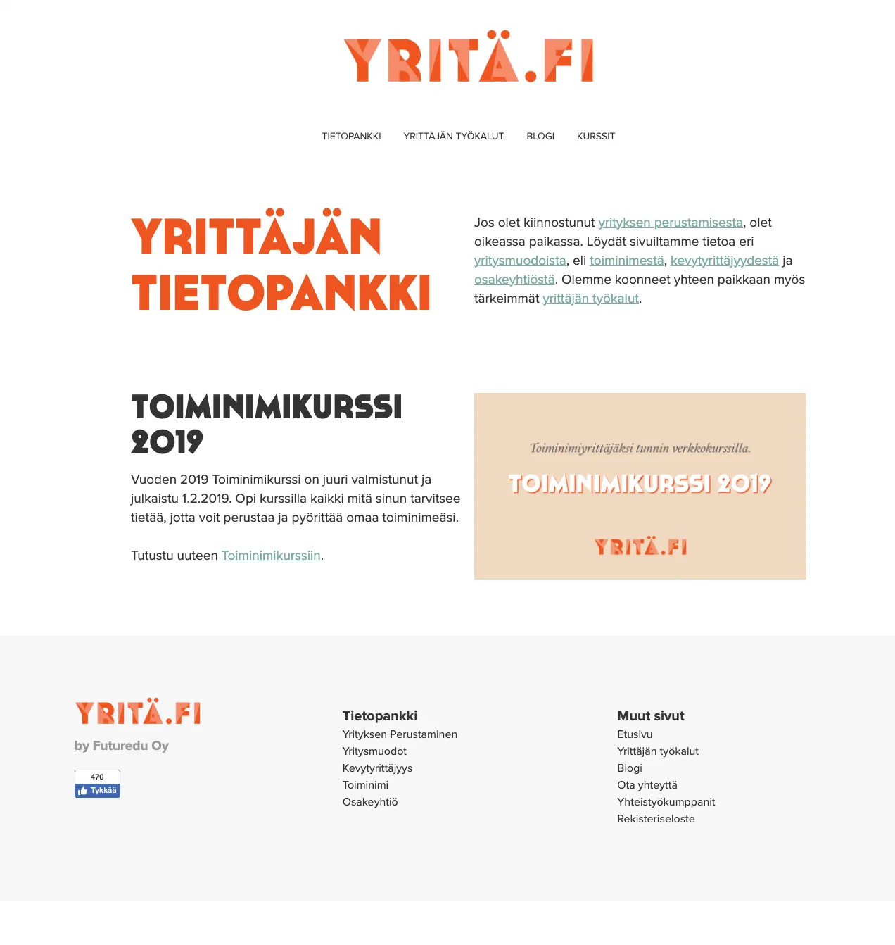 Yritä.fi:n etusivu vuonna 2019: uusi logo ja Toiminimikurssi 2019